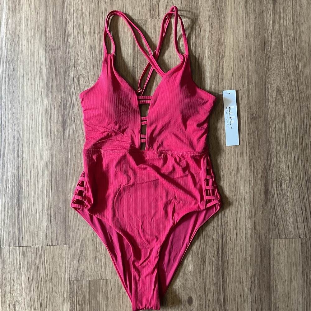 NWT $120 Nicole Miller New York Swimsuit One Piece Plunge Ribbed Medium Red